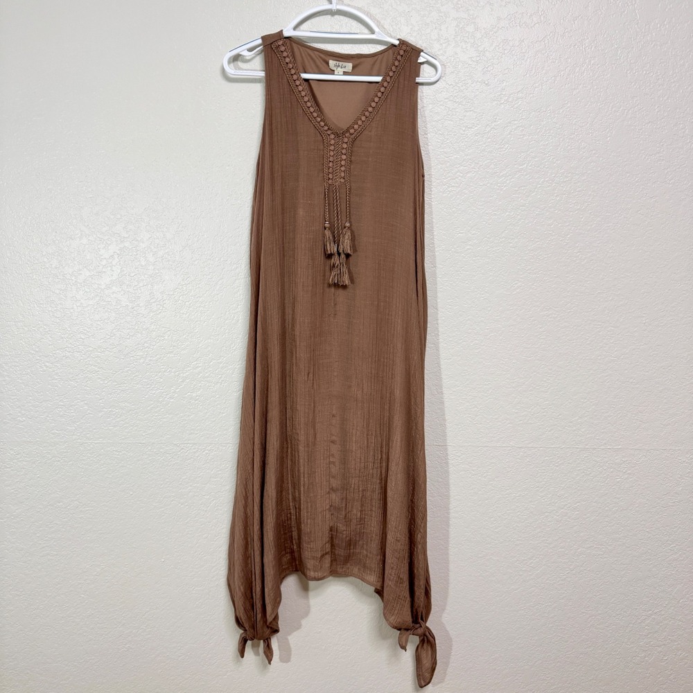 Style & Co Dress Womens Small Brown Gauze Sleeveless Boho Tassel Sharkbite Hem